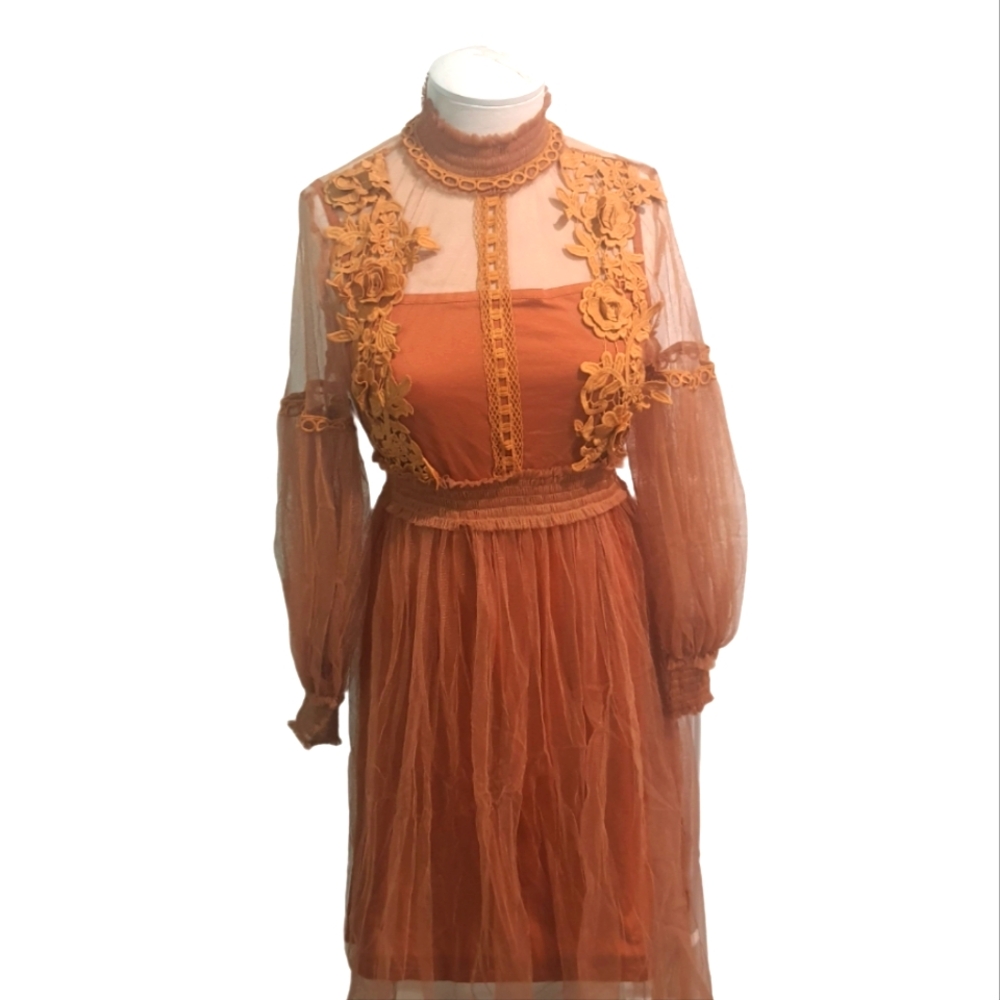 Orange-brown Sheer Lace Dress With Inner Slip
